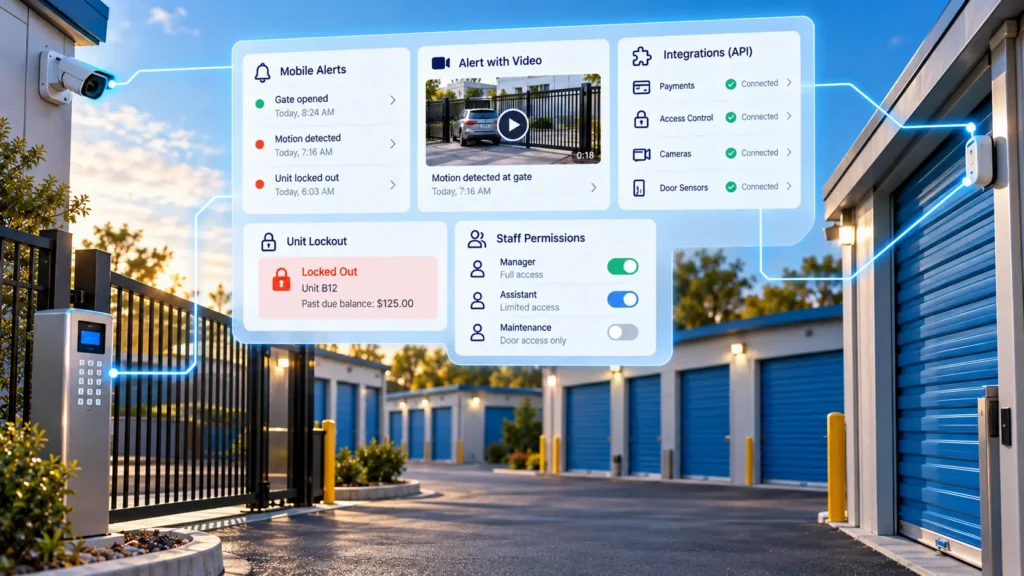 Monitoring Solutions for Self Storage with connected sensors, cameras, and access control.