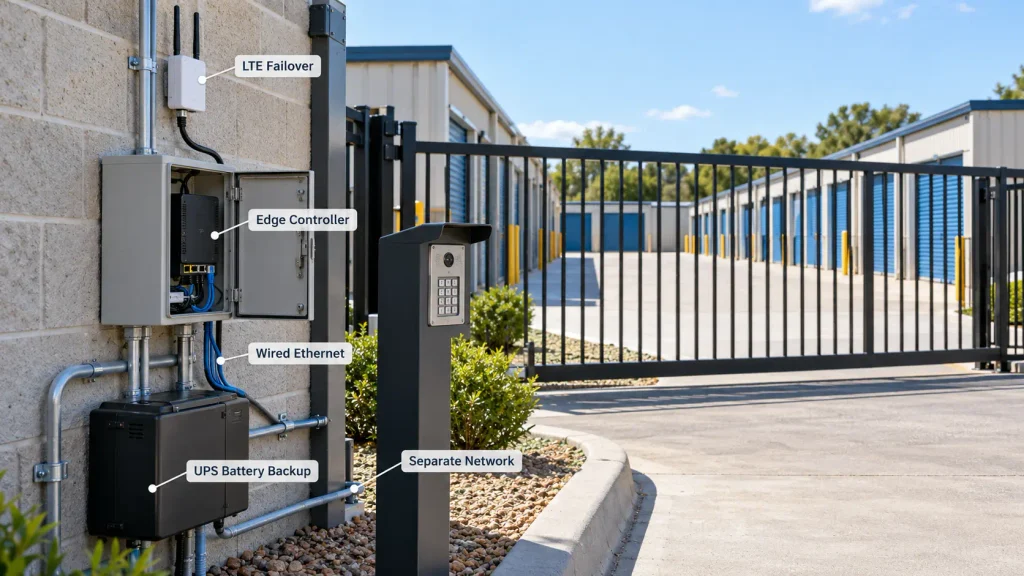 Cloud Access Control Failures prevention setup with LTE failover, edge controller, wired Ethernet, UPS backup, and separate network.