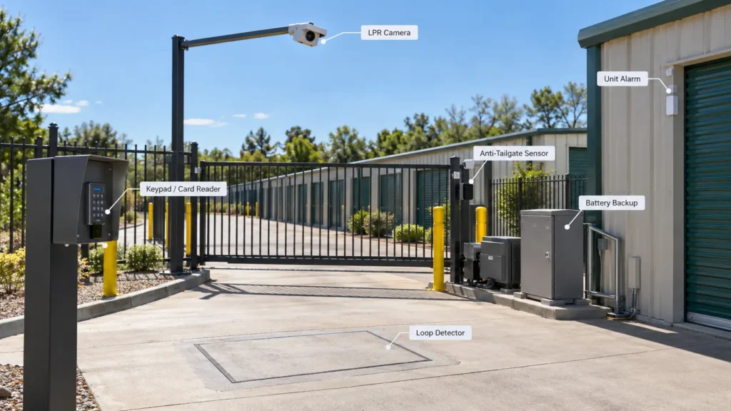 Smart Gate Systems with keypad, LPR camera, sensors, and battery backup.